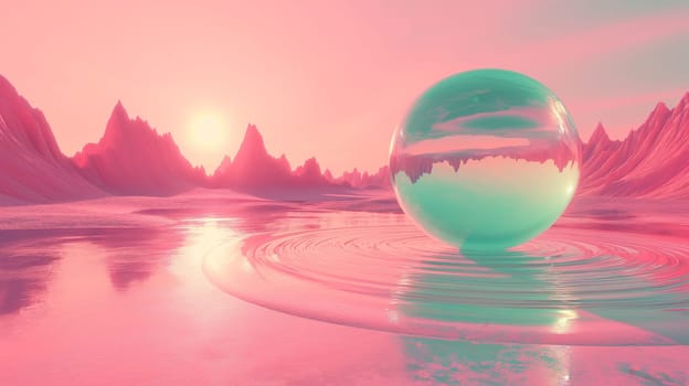 Surreal vaporwave scene with glass ball on the landscape with mountains and sea. 90s styled abstract surreal pink composition. Generated AI