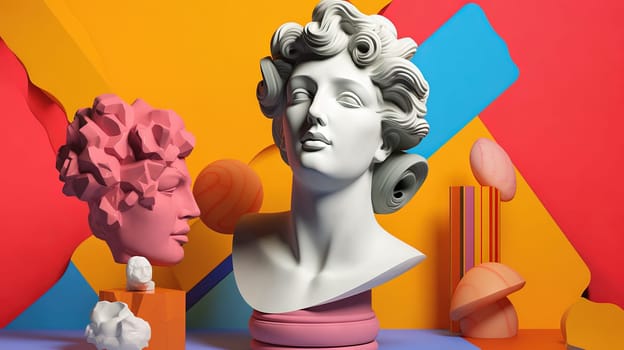 Ancient woman statue in vaporwave or y2k aesthetics. Antic bust in modern 3D scene. Generated AI