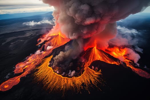 Volcano eruption from a bird view. Volcano crater and magma flow shot from above. Genertated AI