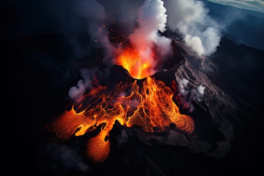 Volcano eruption from a bird view. Volcano crater and magma flow shot from above. Genertated AI