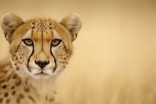 A cheetah, focused and alert, gazes directly at the camera. Its spotted coat and intense eyes suggest a wild animal in its natural habitat.