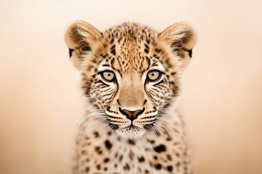 Close-up of a young leopard, showcasing its curious gaze. Its spotted coat and alert expression are captivating.