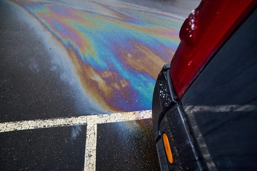 Colorful gasoline or oil spill creating a rainbow sheen on asphalt parking lot next to a parked car, illustrating environmental pollution