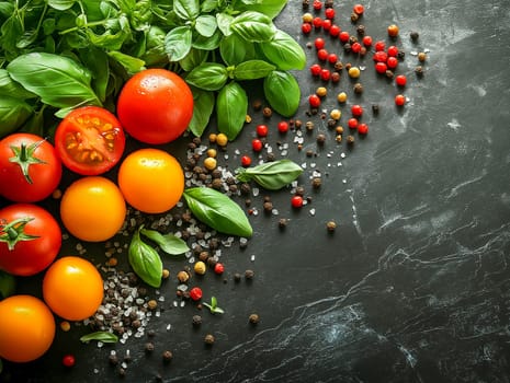 Fresh tomatoes, basil, and assorted peppercorns arranged on a dark surface. A culinary display, perhaps for a recipe or food blog.