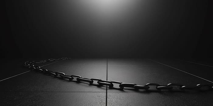 A long, heavy chain stretches across a dark, tiled floor. No one is visible, but the image evokes a sense of confinement or restriction.