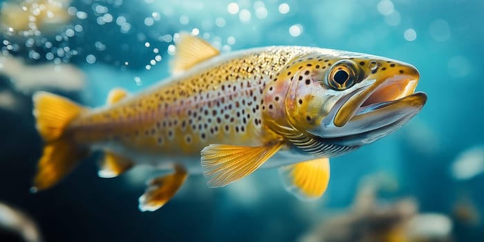 A trout swims in an aquarium. Its vibrant colors and speckled pattern are highlighted by the water's clarity. The fish's movement and the aquatic environment are captured in a close-up shot.