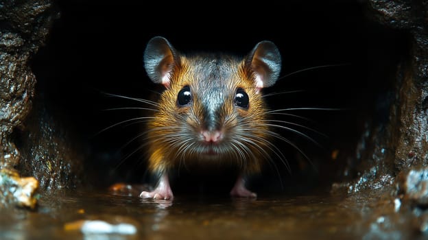 A small rodent, likely a mouse, peers out of a dark, damp burrow. Its curious gaze suggests exploration or perhaps a search for food. The water in the burrow adds to the mystery and the dark environment.