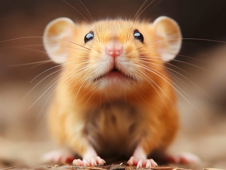 Cute little orange rat, close-up view, curious expression. Focus on the face and paws. Pet owner likely captured the moment.