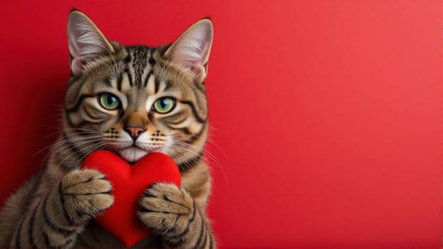 A cat holding a red heart in its mouth. The cat is looking at the camera with a curious expression. Concept of warmth and affection, as the cat is holding a symbol of love in its mouth