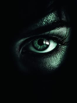Close-up of an eye, emerald green, intense and watchful. The darkness surrounding it suggests mystery and hidden intent.
