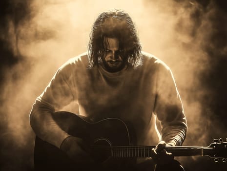 A man plays acoustic guitar. His focused expression suggests a passionate performance. The smoky stage lighting emphasizes the moment.