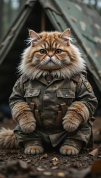 A cat is wearing a camouflage jacket and sitting in front of a tent. The cat's fur is long and fluffy, and it has a serious expression on its face. The scene gives off a sense of adventure