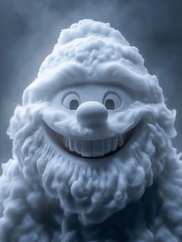 A fluffy, cartoonish snowman smiles. Its joyful expression is the focus.