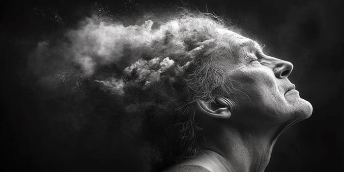 A grayscale image shows an elderly person, possibly a woman, with dust or powder swirling around their head. The image evokes a sense of release or letting go.