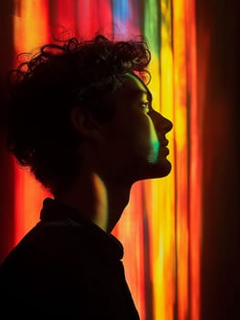 A young man, profile view, gazes thoughtfully. Colorful light casts a dramatic silhouette, highlighting his expression. The vibrant hues create a striking contrast.