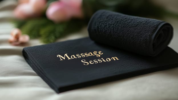 Black rolled towel and massage session book resting on massage table with flowers and greenery in background.