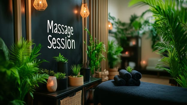 Empty massage table with towels and plants creating relaxing atmosphere in massage session room