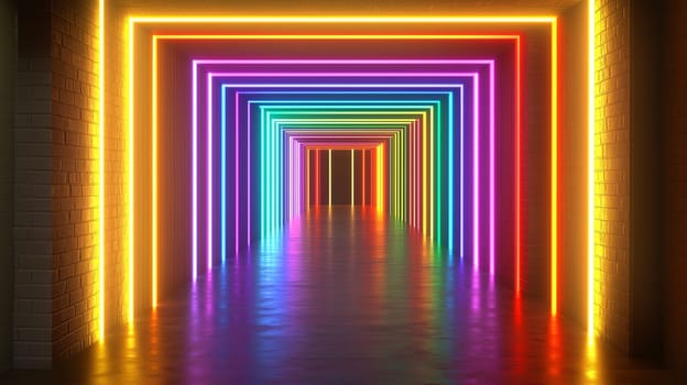 Rainbow neon lights creating a vibrant, colorful tunnel effect in a dark corridor with brick walls