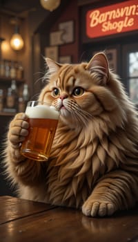 A cat is sitting at a bar holding a glass of beer. The cat is wearing a collar and he is enjoying its drink. The scene is lighthearted and playful, as cats are not typically seen drinking beer