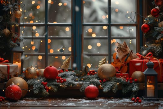 A magical view of a festive window, adorned with sparkling Christmas decorations and a snowy backdrop