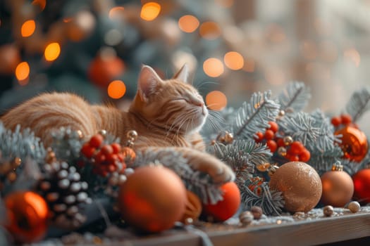 A cozy and adorable ginger cat is peacefully resting among beautiful Christmas ornaments and lush greenery