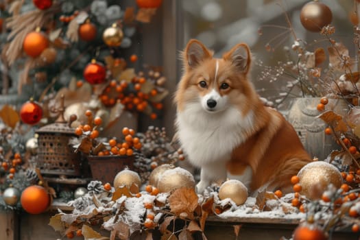 A charming corgi plays among festive decor in a picturesque winter setting, capturing the joyful holiday spirit