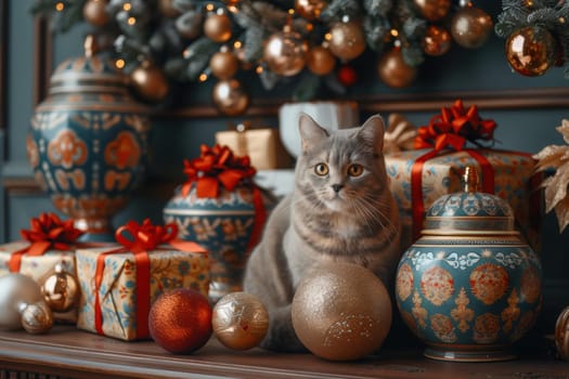 A delightfully cozy scene unfolds with an adorable cat nestled comfortably amidst festive holiday decorations