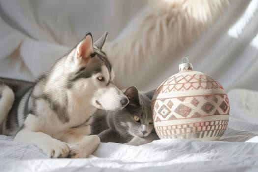 A Siberian husky and an adorable black cat lie peacefully beside a decorative ornament placed on a soft blanket