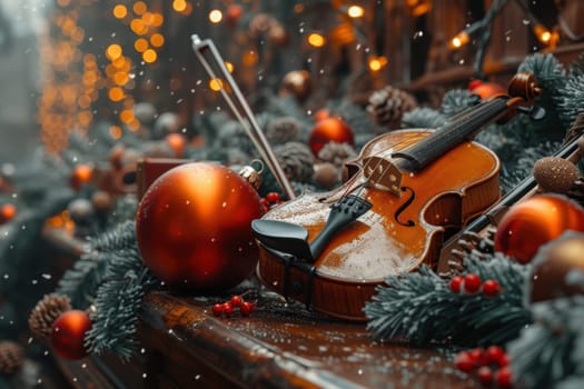 A stunning violin gracefully placed among holiday decorations and gentle snowfall, ideal for seasonal themes