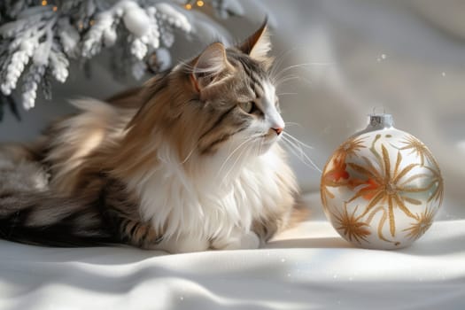 A cute cat curiously gazes at a beautiful ornament, capturing the joyful spirit of the holiday season