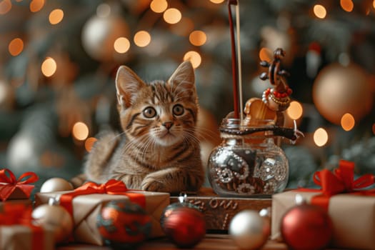 A playful cat surrounded by colorful gifts and charming decorations, capturing the festive spirit of the season