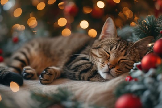 A tabby cat sleeps soundly surrounded by festive decorations and warm lights, creating a cozy atmosphere