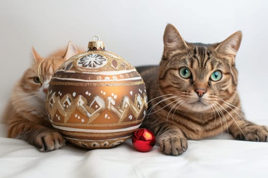 These cute cats are themed for Christmas, showcasing ornaments and a cheerful ambiance that fills the home with joy
