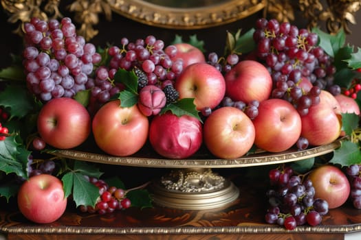 A luxurious and beautifully arranged display of fresh, juicy apples and grapes served on an elegant vintage platter