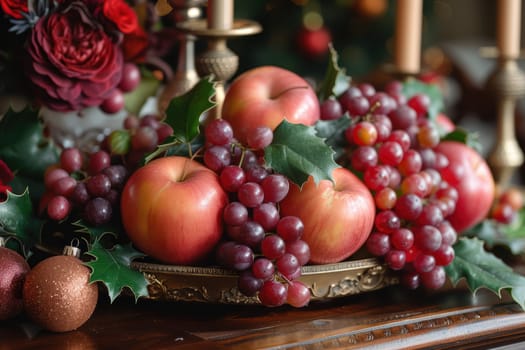 A stunning and beautiful display of vibrant apples and luscious grapes, perfect for holiday settings and gatherings