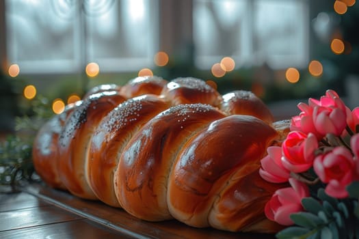 An exquisite and beautiful arrangement of braided bread artistically placed alongside flowers and festive bokeh lights