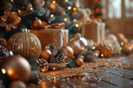 A festive arrangement with gold ornaments, pinecones, and vibrant gifts, ideal for the holiday season