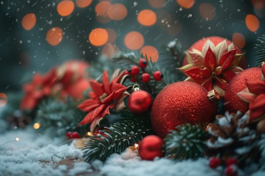 A beautiful arrangement of red Christmas ornaments with snowy background, perfect for holiday cheer.