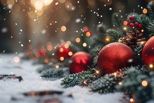 A beautiful Christmas scene with red ornaments, soft snow, and lush pines, capturing the holiday spirit