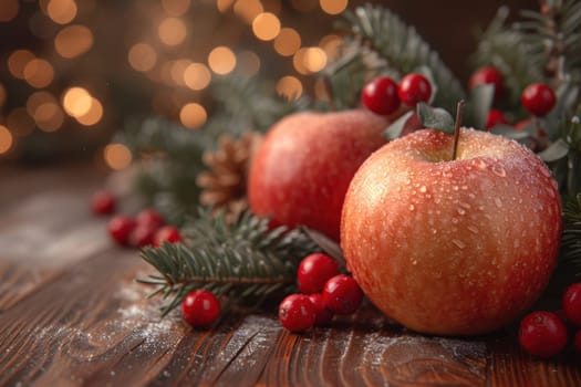 Glistening red apples and fragrant pine branches create a warm, inviting, festive atmosphere for Christmas celebrations