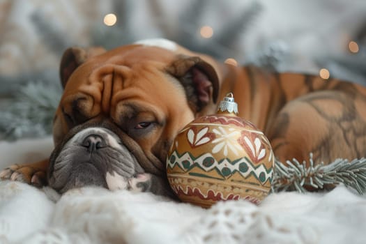 A charming and adorable bulldog peacefully lies beside a festive ornament, evoking a cozy holiday warmth