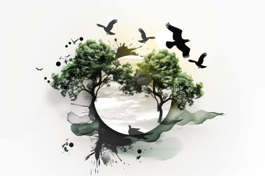 A peaceful and tranquil illustration that features trees, birds, and soft, warm sunlight ideal for naturethemed art