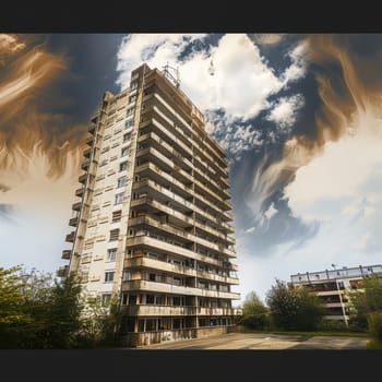 An eyecatching urban highrise towers against a dramatic sky filled with surreal clouds, enhancing its appeal