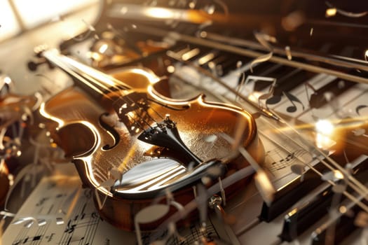 An elegant violin on arranged sheet music, capturing the essence of musical artistry and deep inspiration