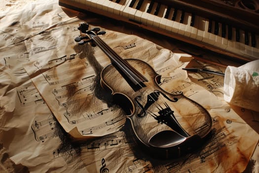 An artistic still life featuring a violin, sheet music, and vintage piano keys in a creative setting.