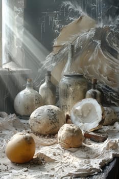 A captivating still life artwork of bottles and fruits, illuminated by soft sunlight streaming through the window