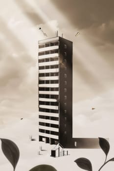 This is a striking juxtaposition of a modern skyscraper beautifully set against a calm, natureinspired backdrop