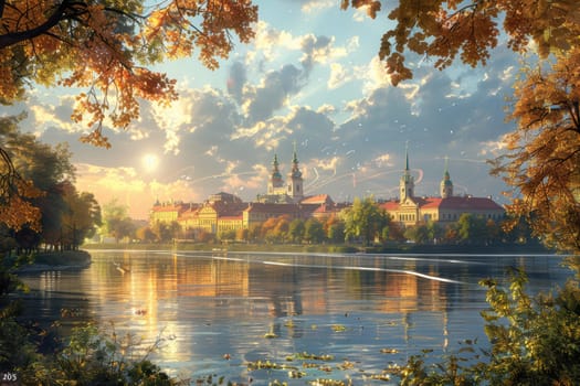 A mesmerizing sunset gracefully casts stunning golden hues across calm waters and magnificent historic architecture