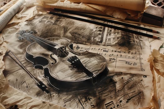 A depiction of a crafted violin on textured paper with musical notes, evoking a charming vintage feel