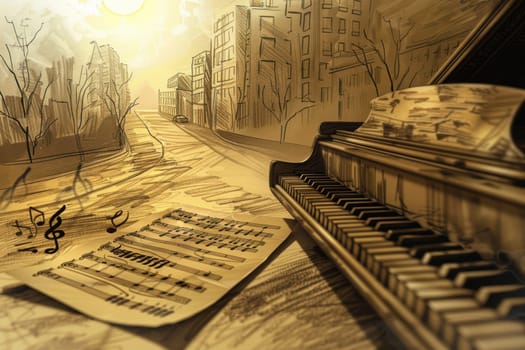 A stunning synthesis of beautiful music and captivating art depicting a grand piano amidst a dreamlike setting